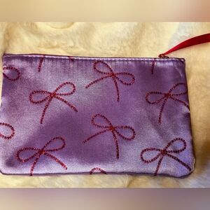 Ipsy Purple Satin Cosmetic Bag Red Rhinestone Bow